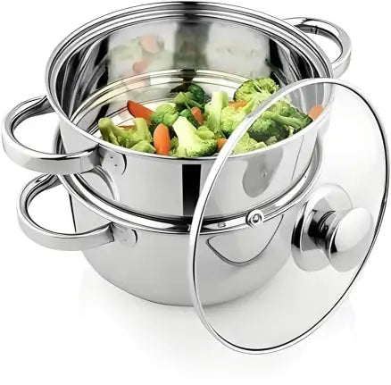 Premium 2-Tier Stainless Steel Food Steamer - with Glass Lid
