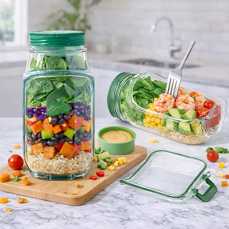 Premium Salad Jar With Side Opening & Separate Dressing Container- 1 Liter