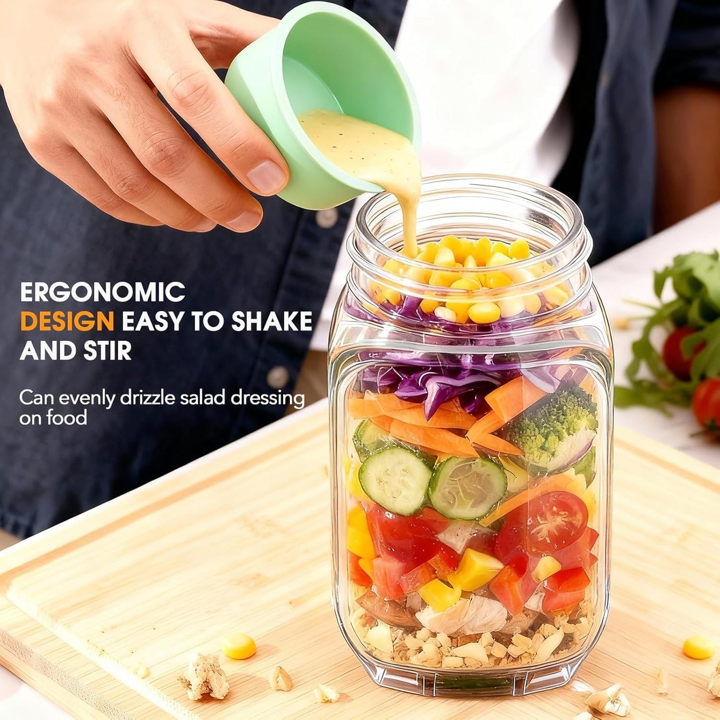 Premium Salad Jar With Side Opening & Separate Dressing Container- 1 Liter