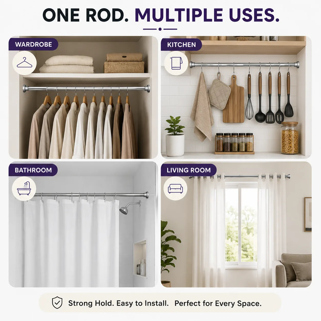 Stainless Steel Expandable Curtain Rod With Free Curtain Wall Holder Hooks