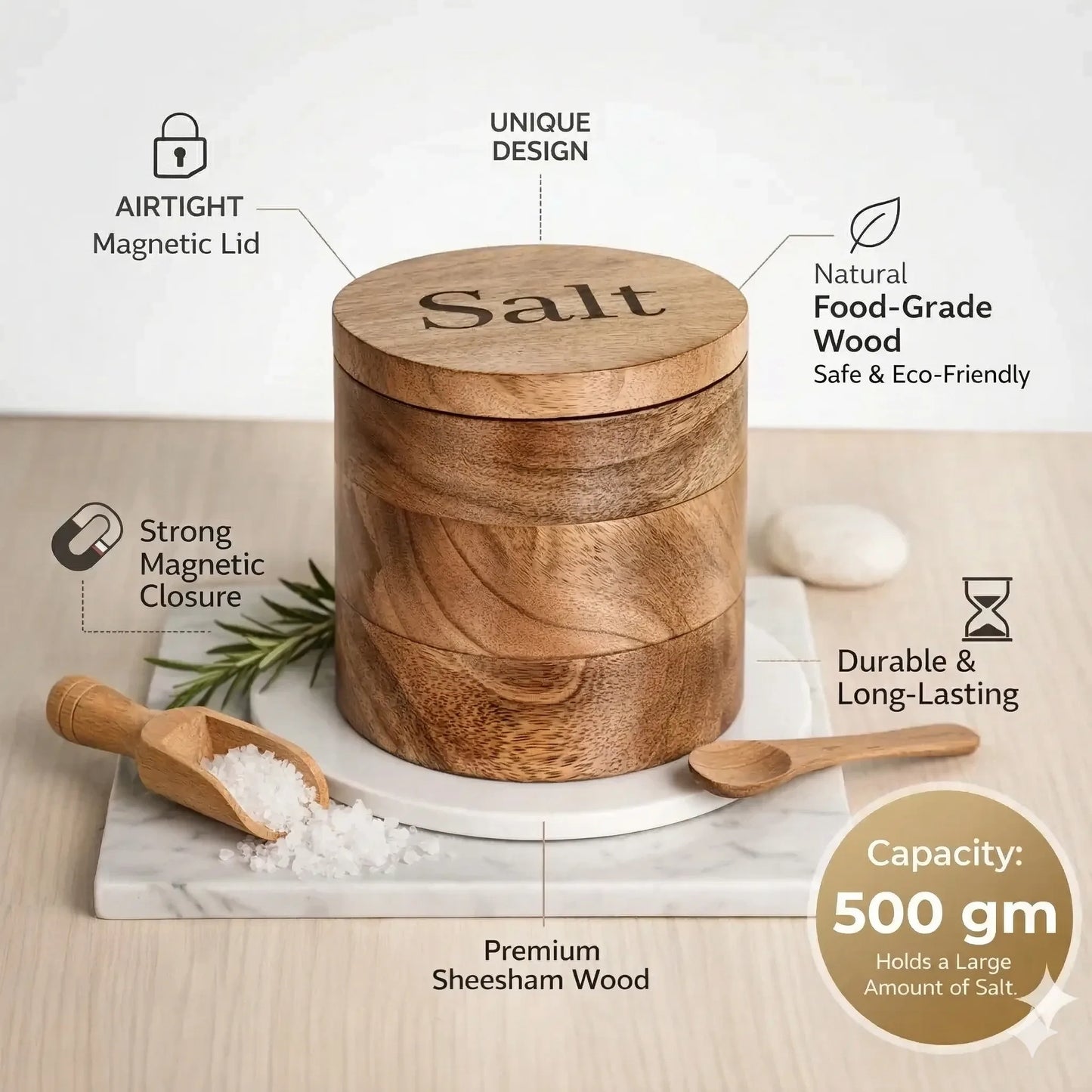 Premium Sheesham Wood Salt Container with Magnetic Lid & Spoon – 500gm