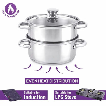 Premium 2-Tier Stainless Steel Food Steamer - with Glass Lid