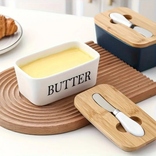 Ceramic Butter Container With Knife & Bamboo Wood lid - Large Size