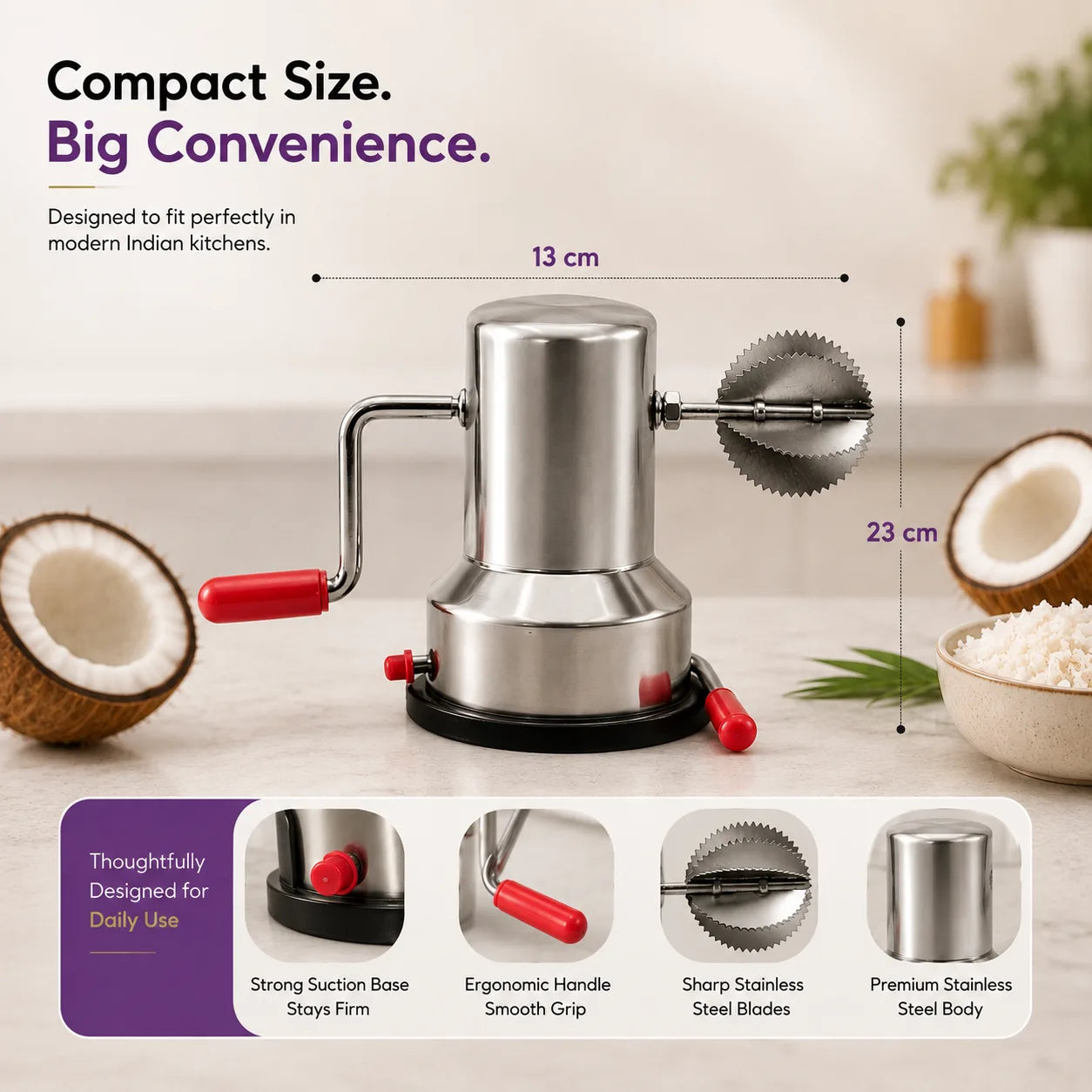 Premium Stainless Steel Coconut Scraper with Suction Base