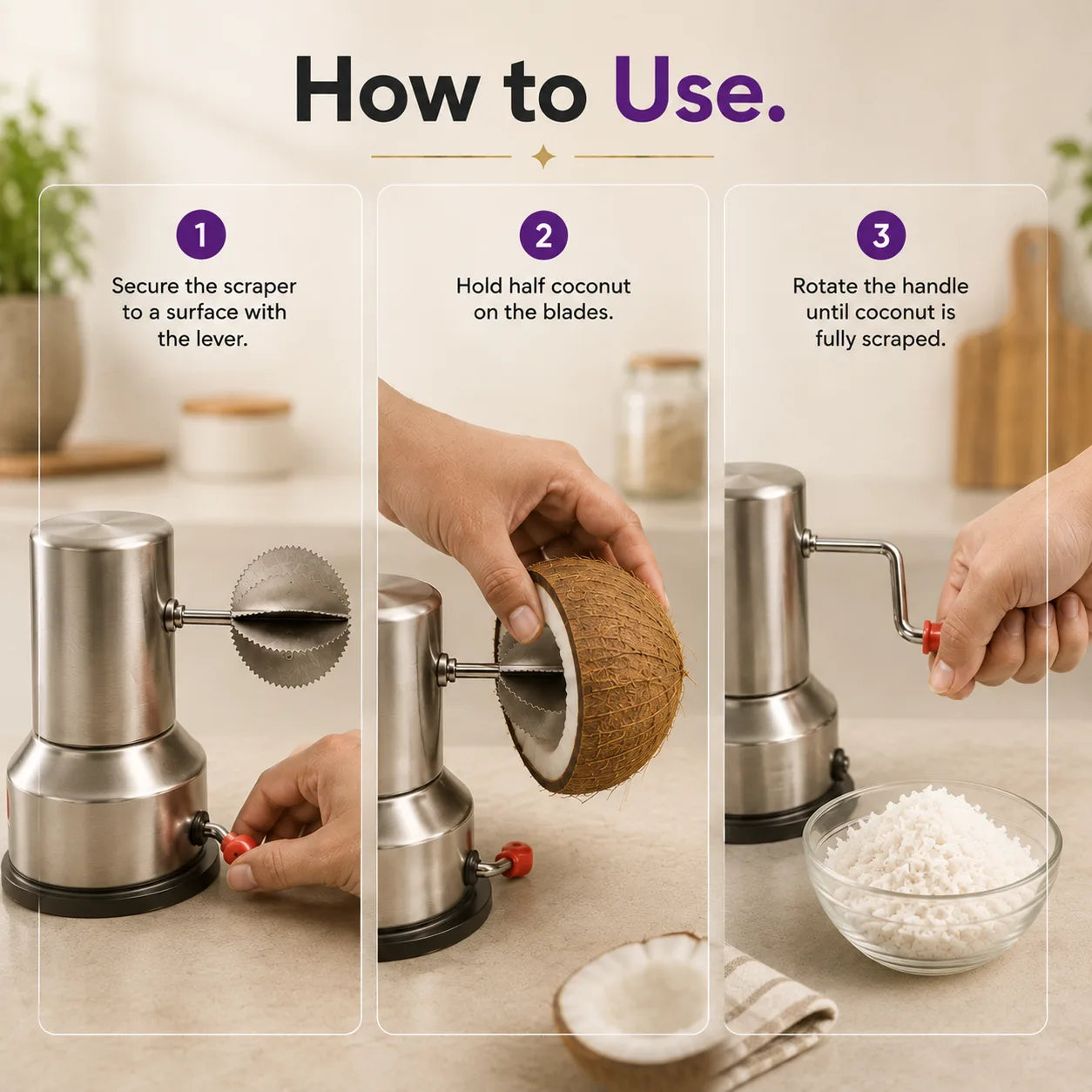 Premium Stainless Steel Coconut Scraper with Suction Base
