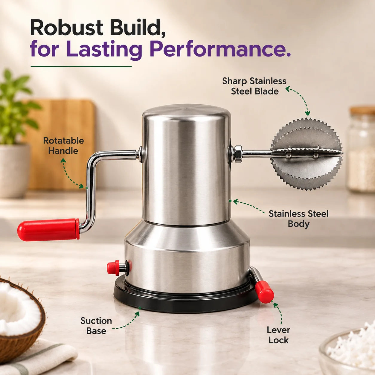 Premium Stainless Steel Coconut Scraper with Suction Base