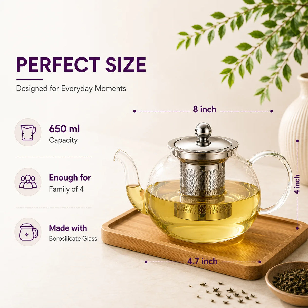 Premium Borosilicate Glass Tea Pot with Infuser- 650 ML