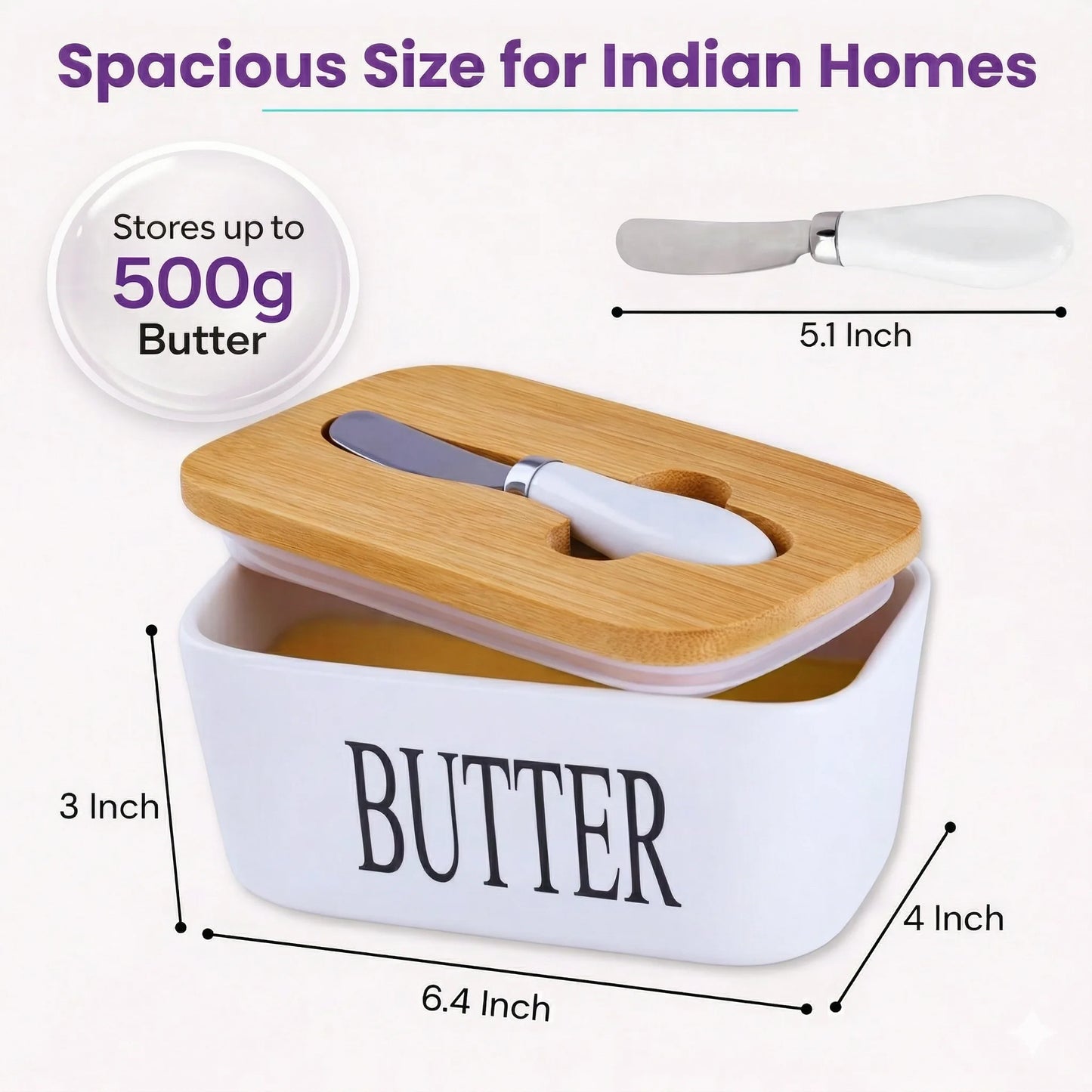 Ceramic Butter Container With Knife & Bamboo Wood lid - Large Size