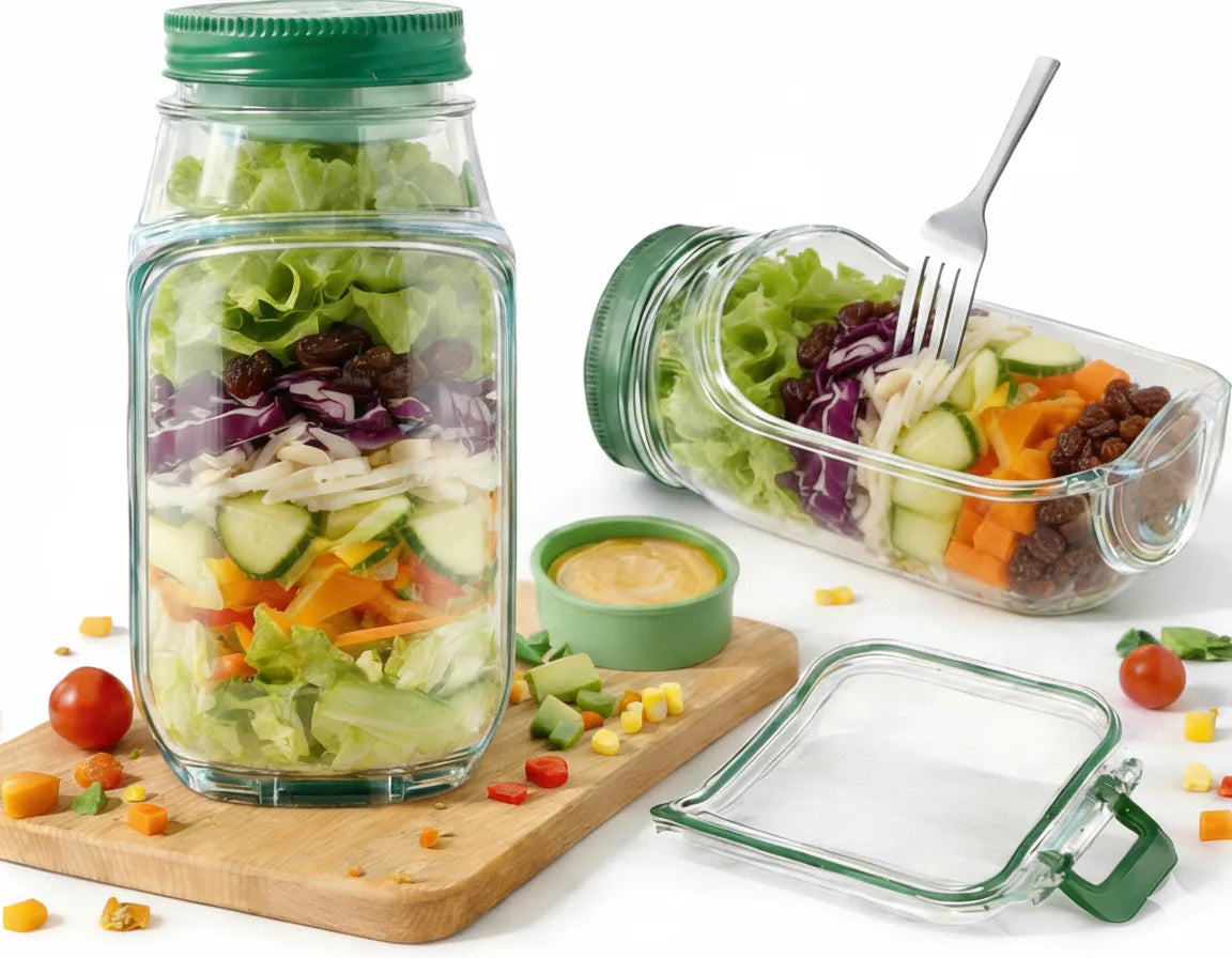 Premium Salad Jar With Side Opening & Separate Dressing Container- 1 Liter