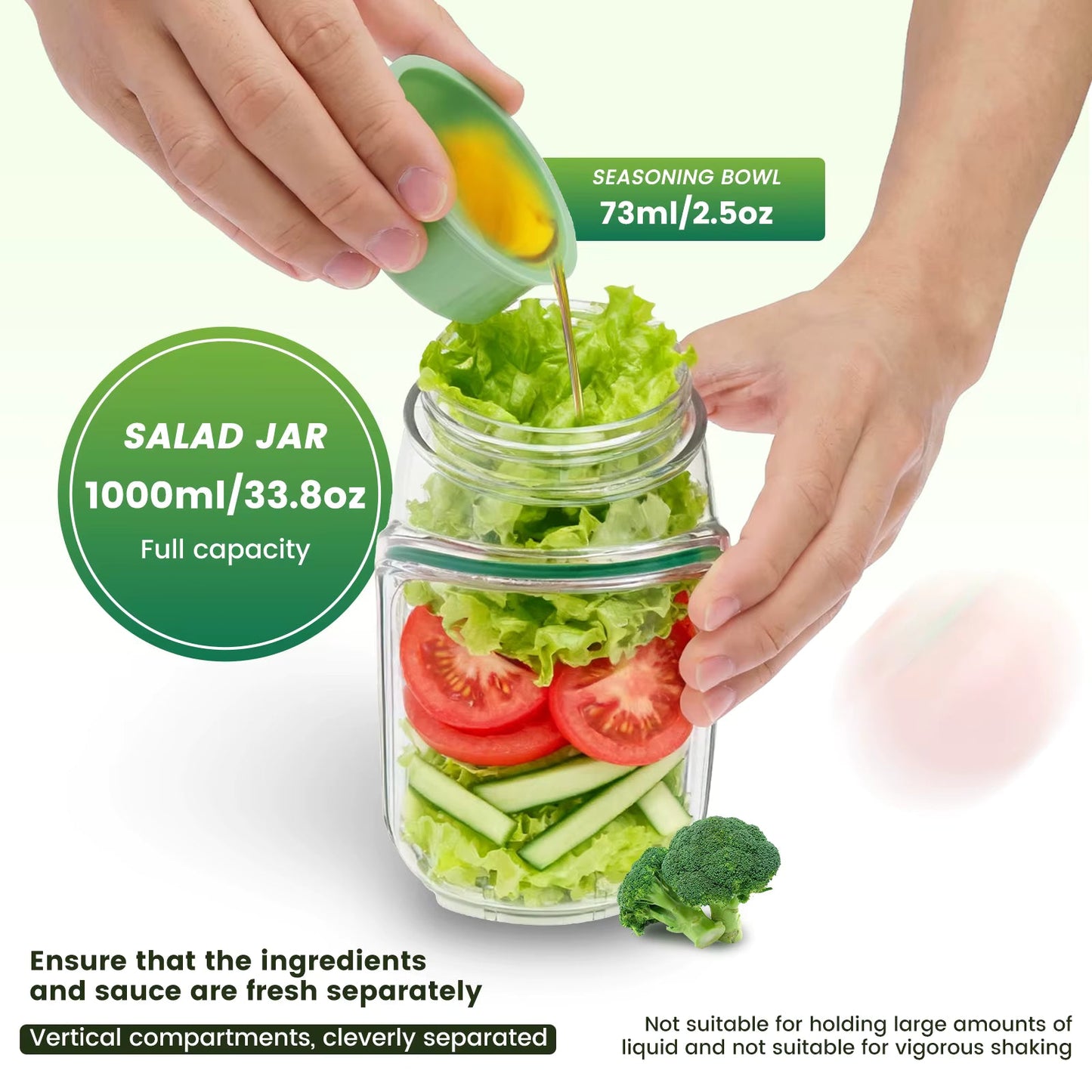 Premium Salad Jar With Side Opening & Separate Dressing Container- 1 Liter